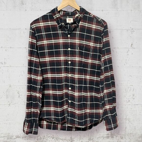 LEVI’S | Burgundy & Black Plaid Long Sleeve Collared Button Down Shirt Size M - Picture 1 of 6